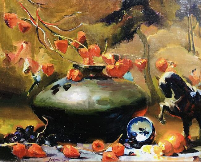 Black Bowl & Chinese Lanterns by Ronald Goldfinger